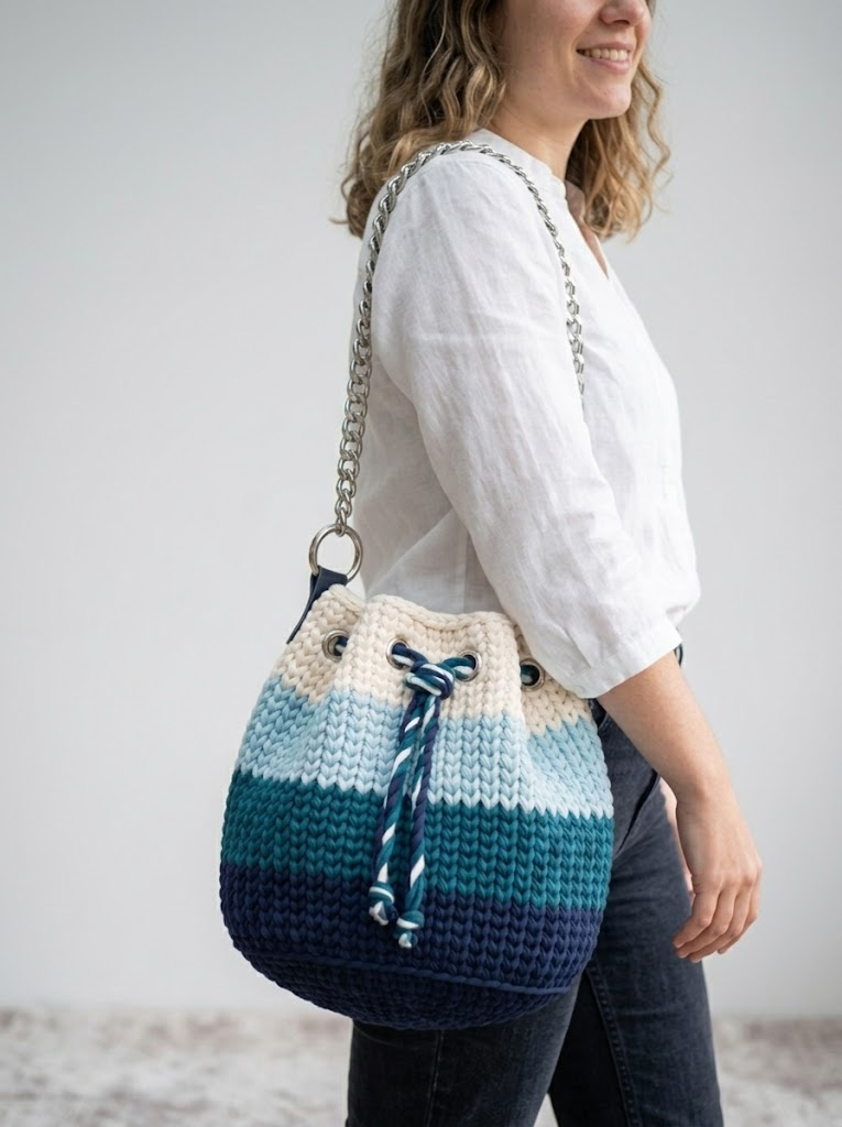Ocean Blue Ombre Drawstring Bucket Bag Free Crochet Pattern
