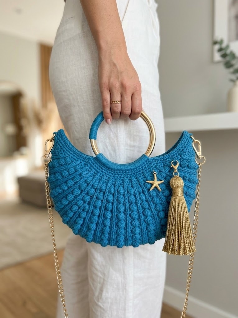 Ocean Blue Ripple Moon Clutch with Gold Tassel Free Crochet Pattern