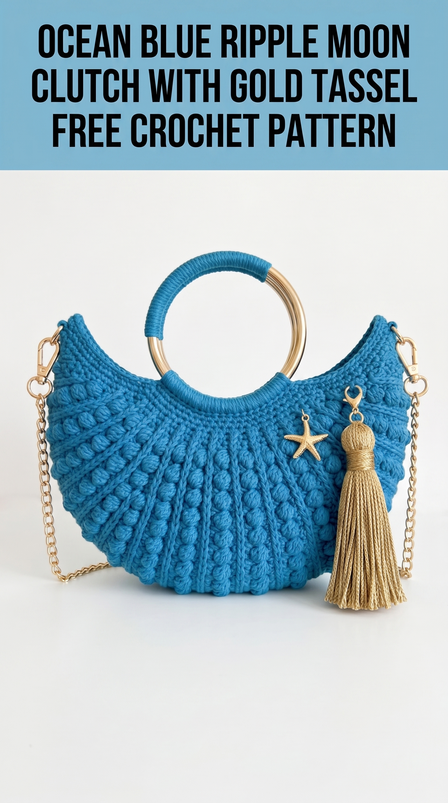 Ocean Blue Ripple Moon Clutch with Gold Tassel Free Crochet Pattern