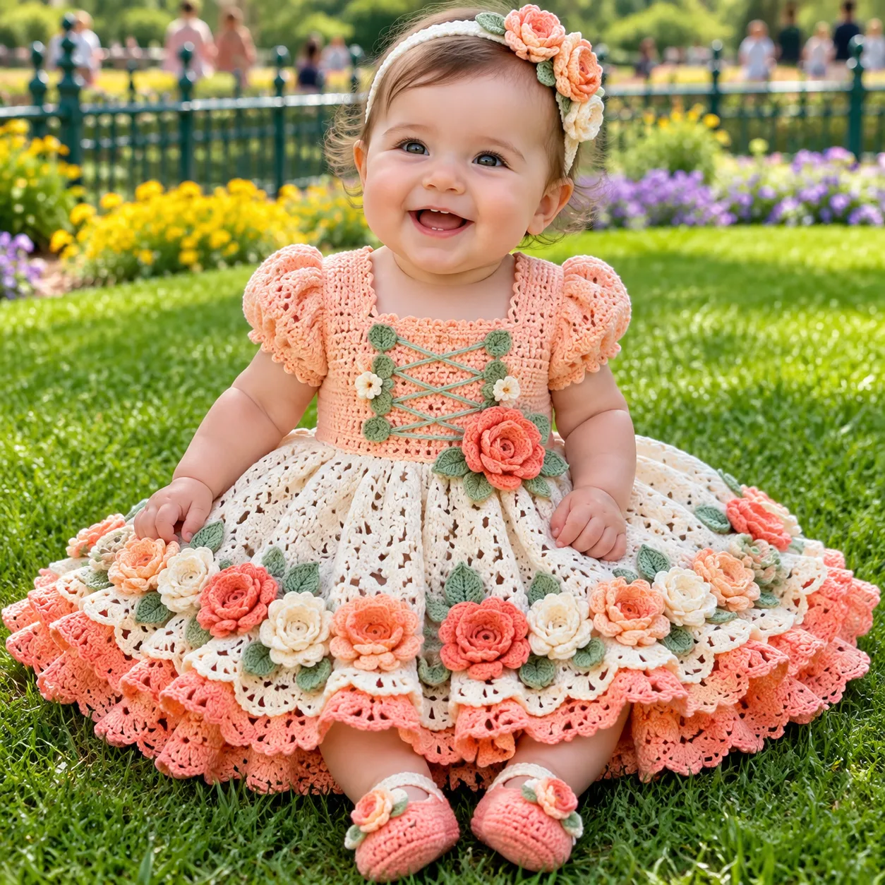 Peach Rose Baby Dress Set Crochet Pattern