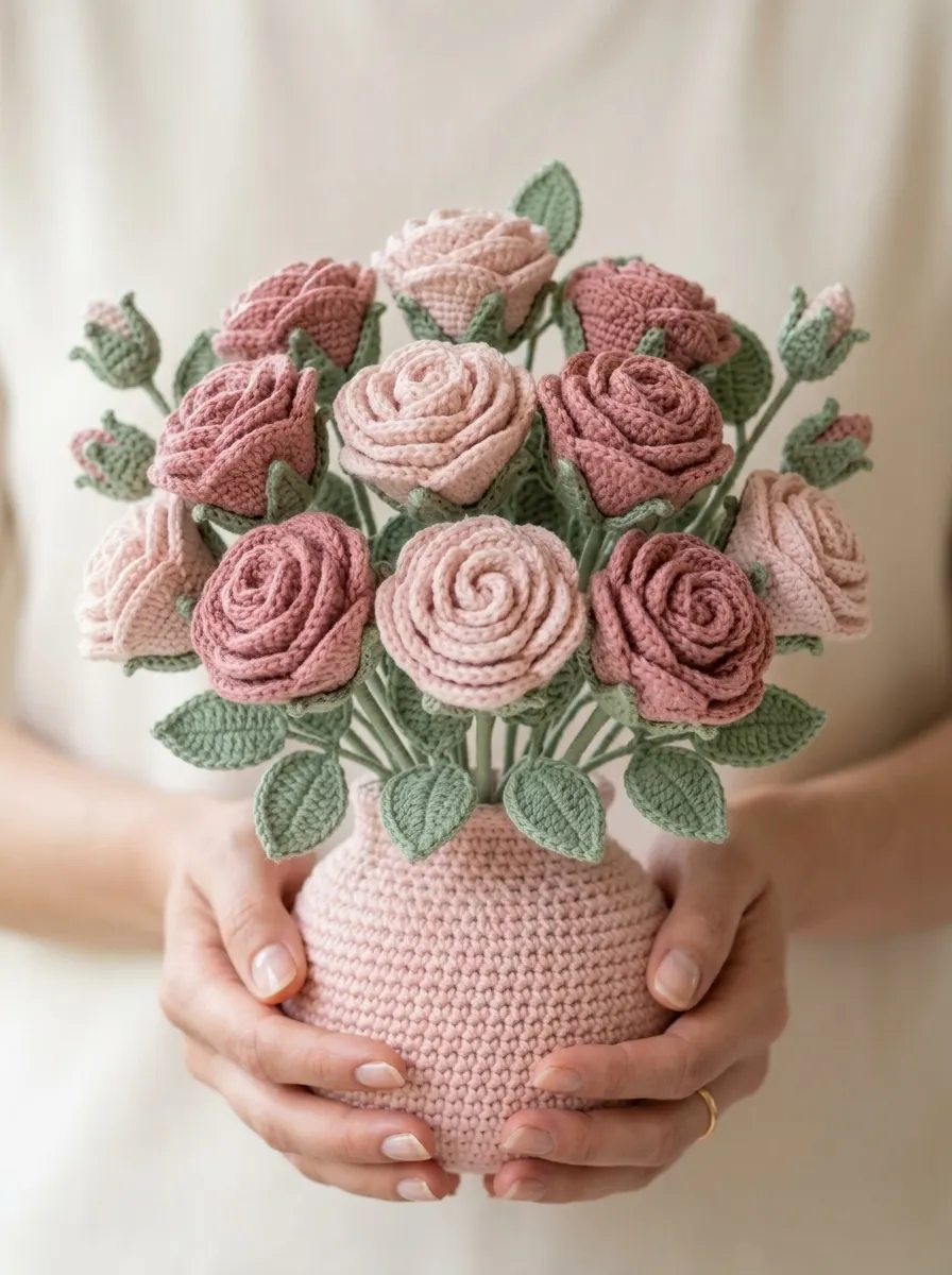 Pink Rose Garden Crochet Vase Free Crochet Pattern