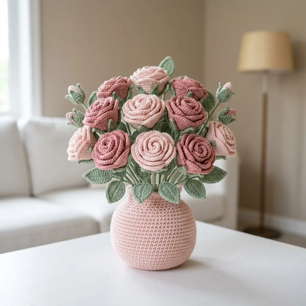 Pink Rose Garden Crochet Vase Free Crochet Pattern