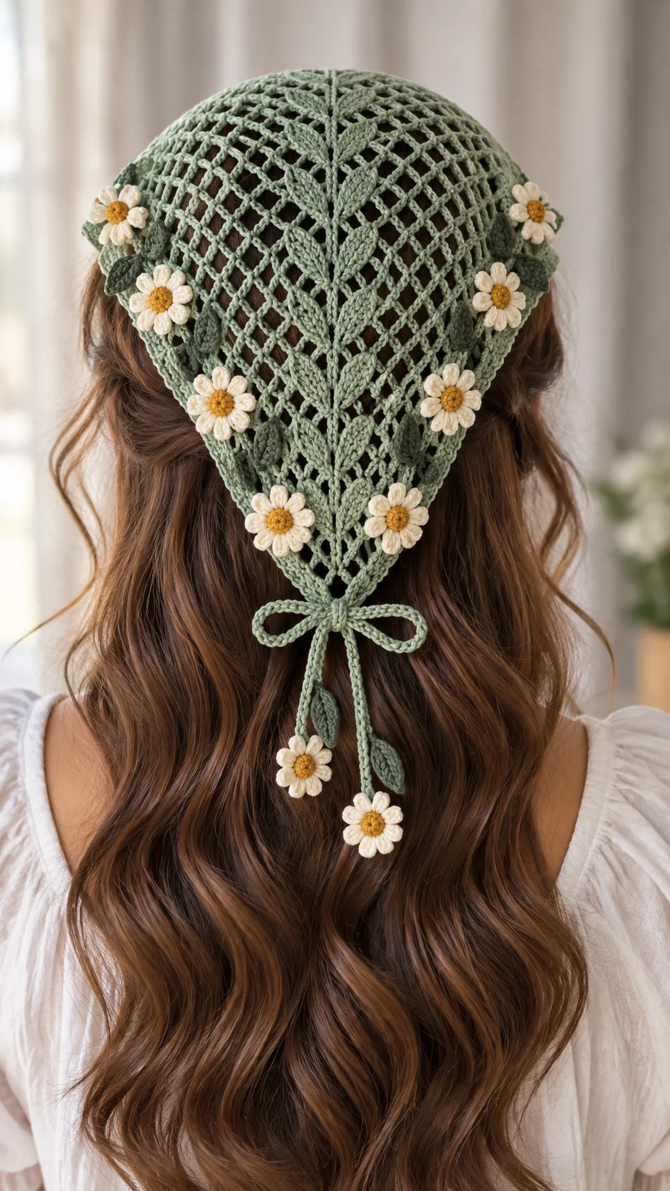 Sage Daisy Lace Hair Kerchief Crochet Pattern