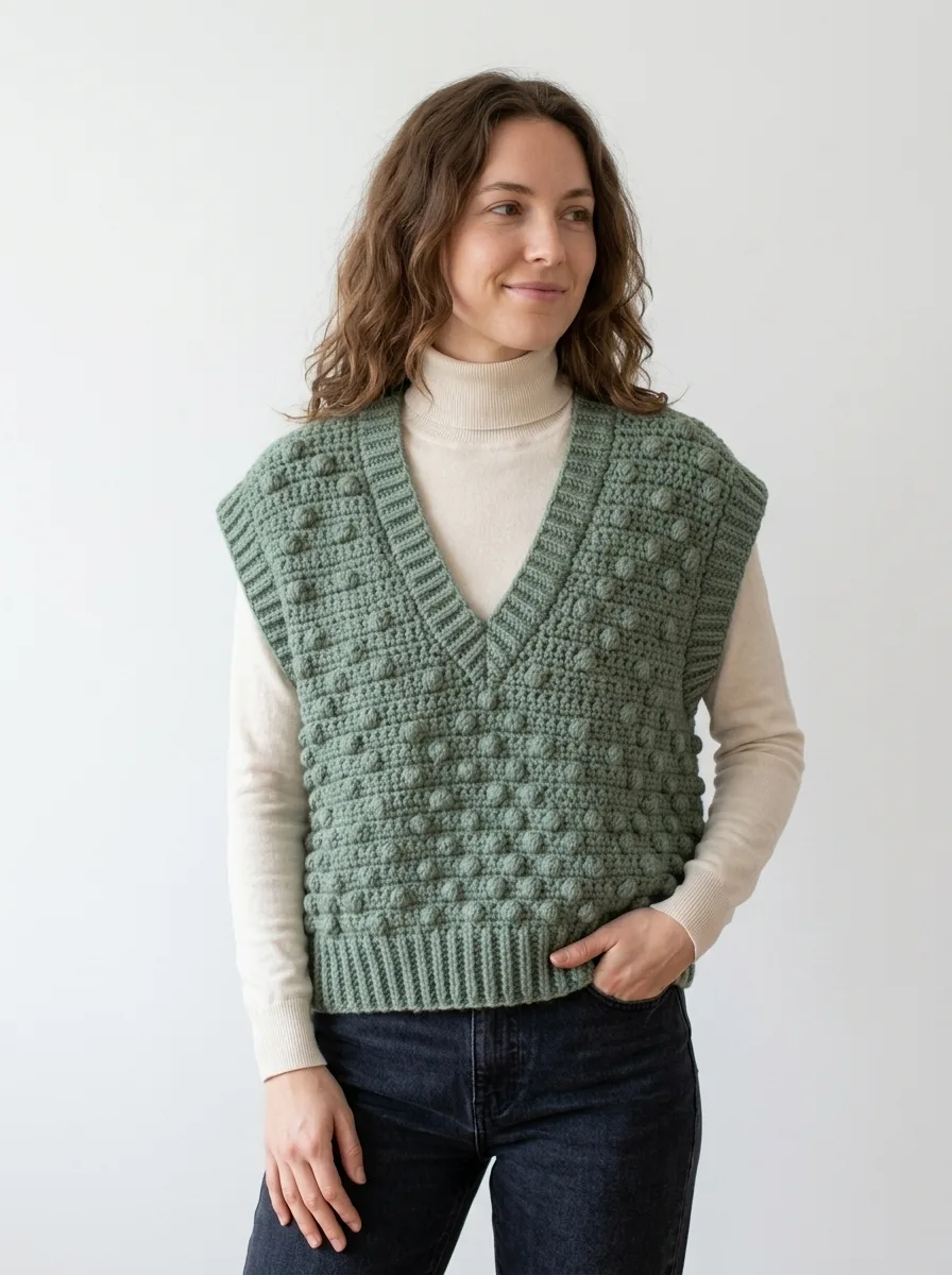 Sage Green Bobble Stitch Sweater Vest Free Crochet Pattern