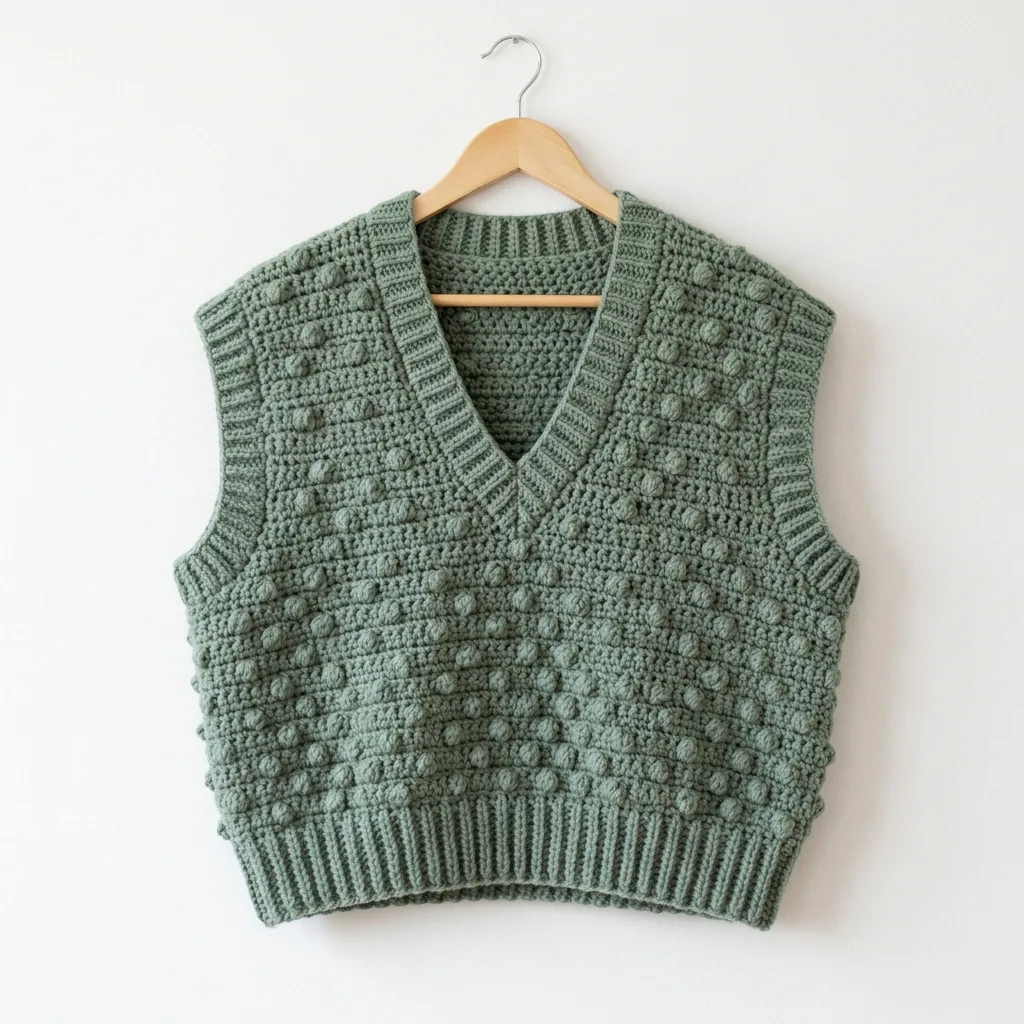 Sage Green Bobble Stitch Sweater Vest Free Crochet Pattern