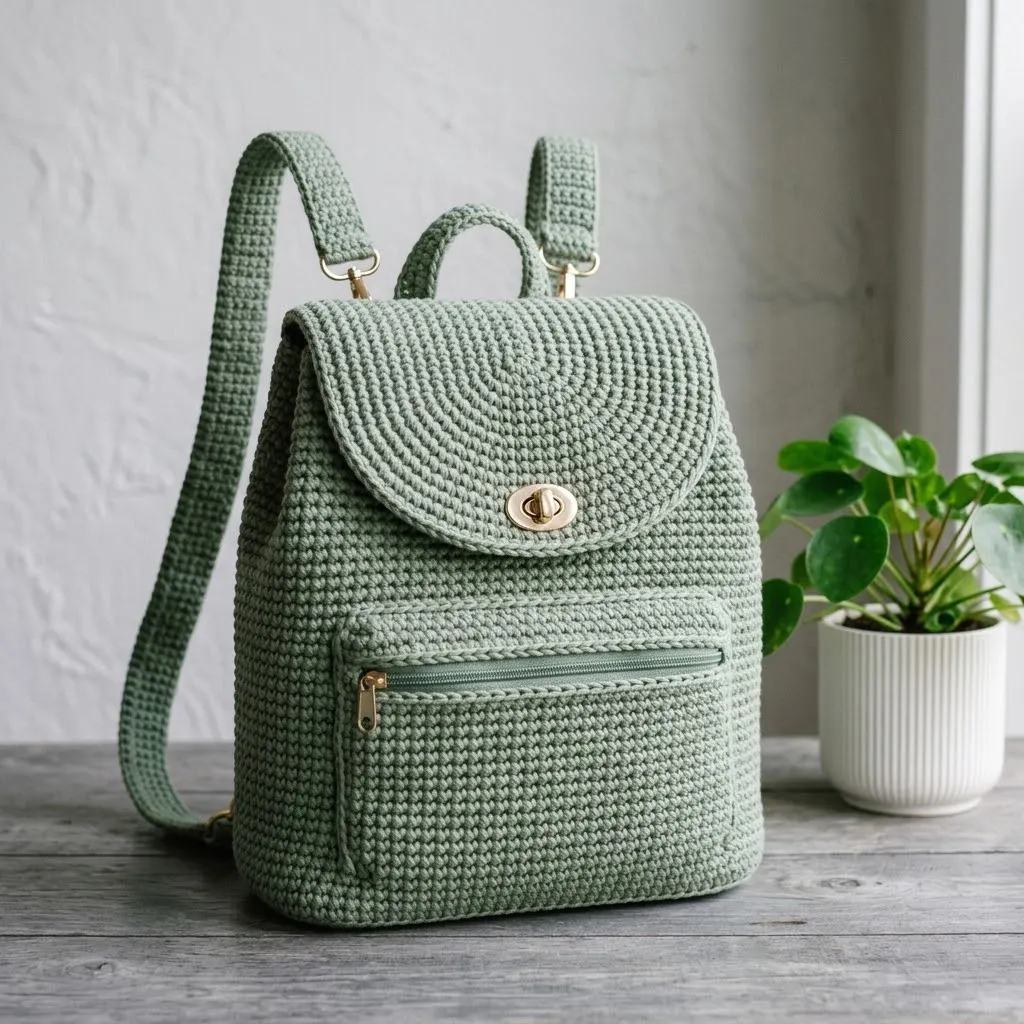 Sage Green Boho Crochet Backpack Free Pattern