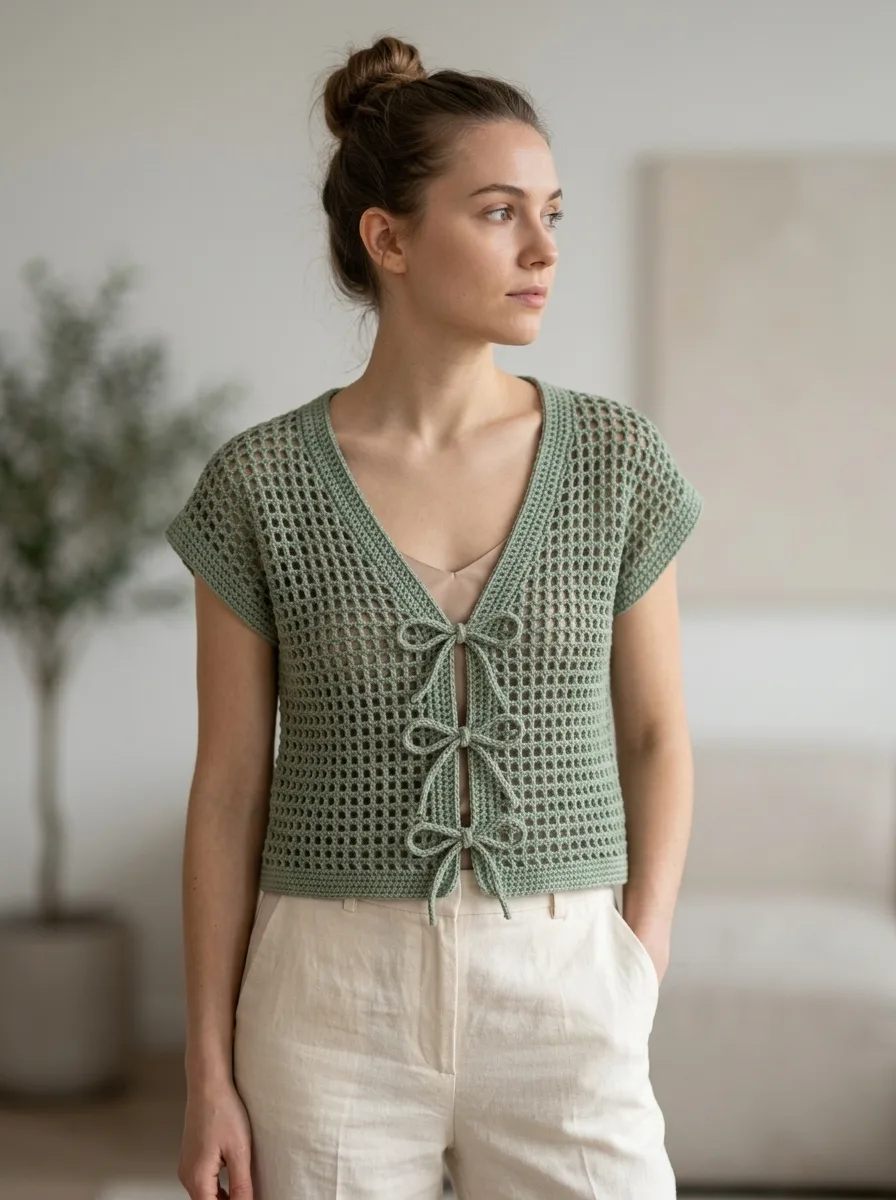 Sage Green Mesh Tie Cardigan Free Crochet Pattern