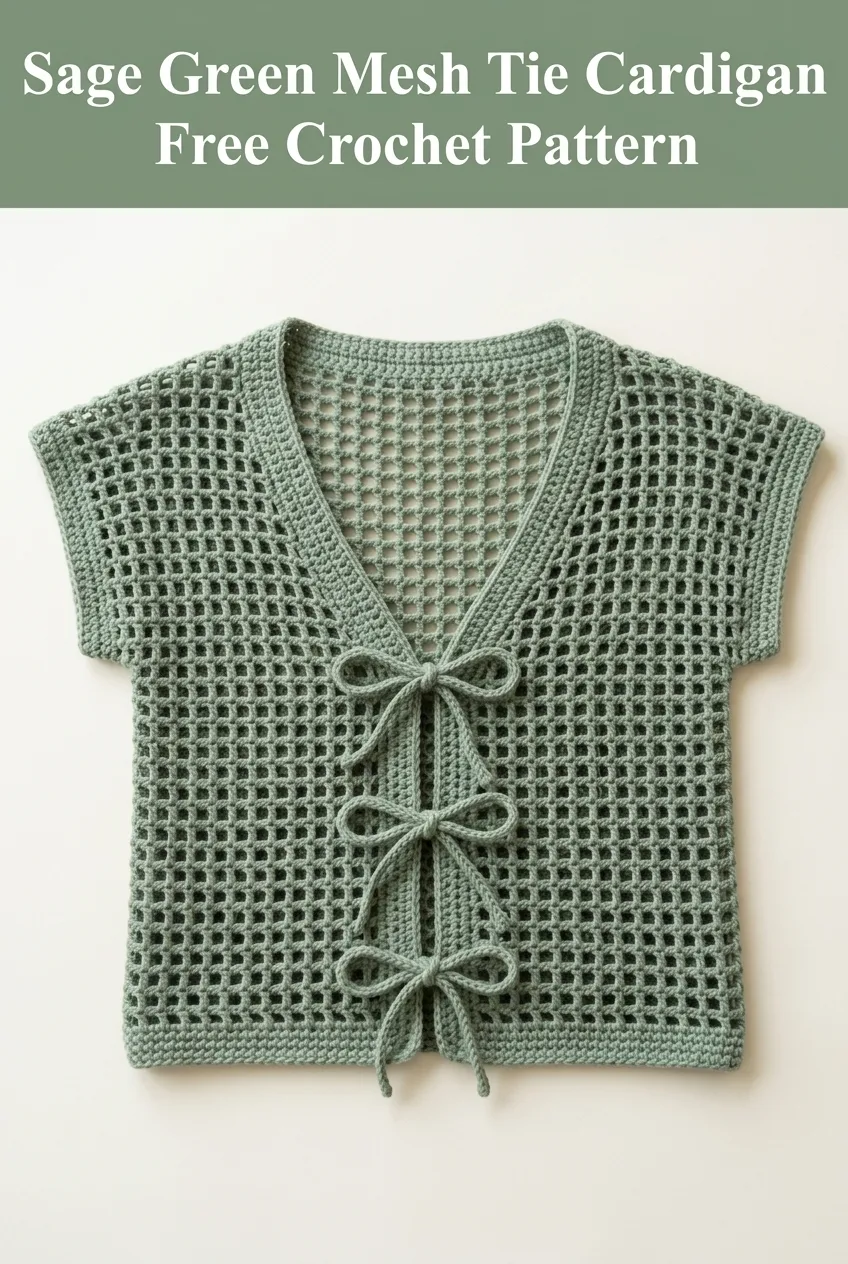 Sage Green Mesh Tie Cardigan Free Crochet Pattern