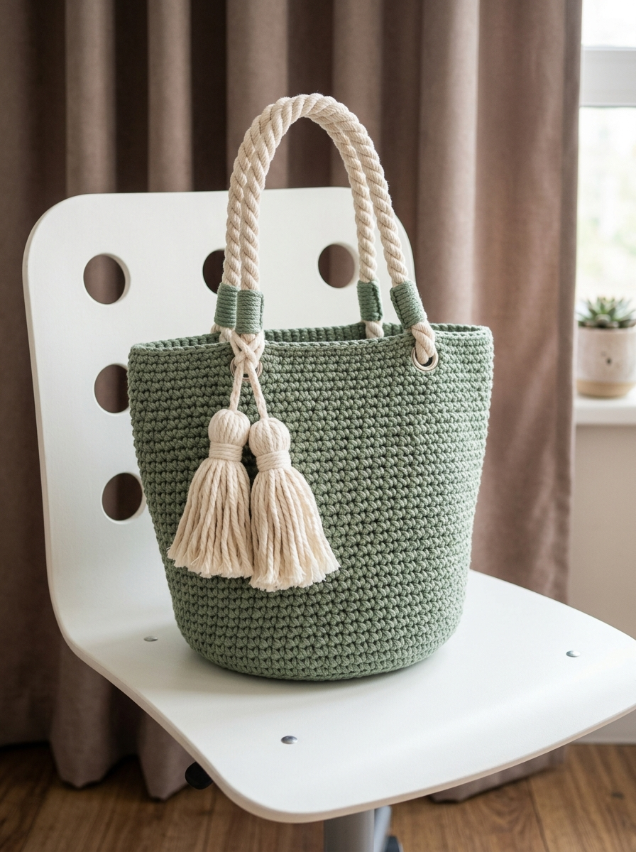 Sage Green Summer Tote with Cream Tassels Pattern