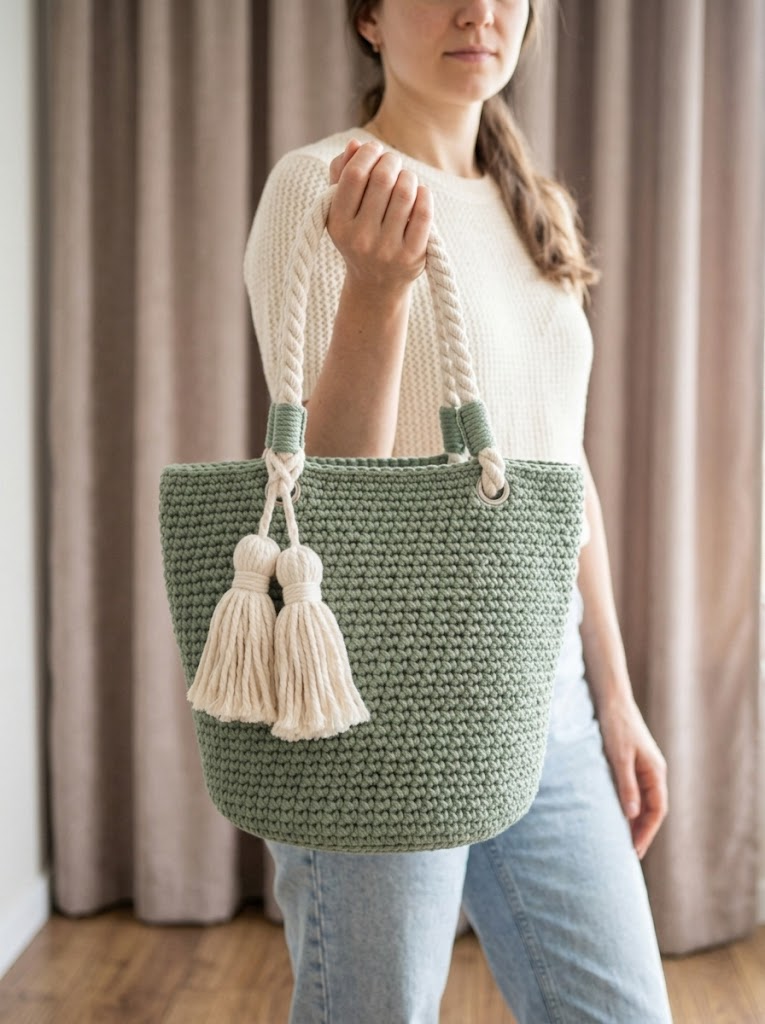 Sage Green Summer Tote with Cream Tassels Free Crochet Pattern
