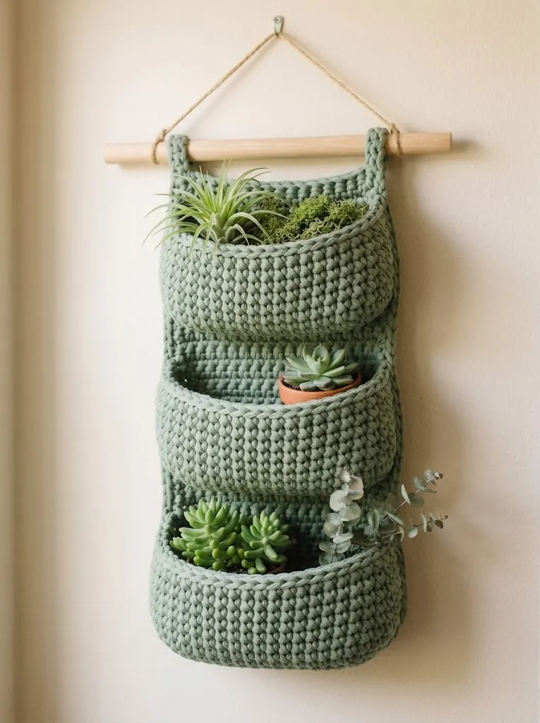 Sage Green Tiered Wall Planter Free Crochet Pattern