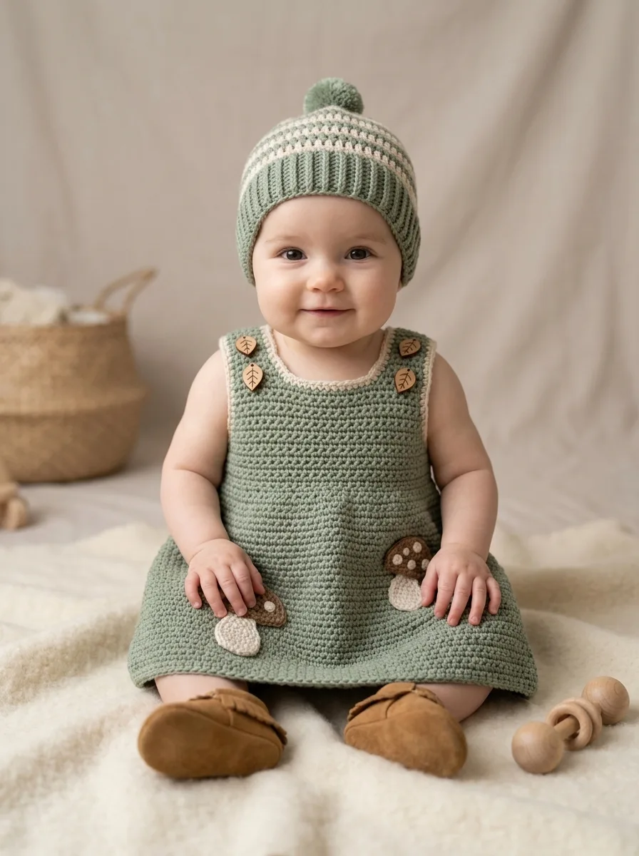 Sage Green Woodland Baby Dress Free Crochet Pattern