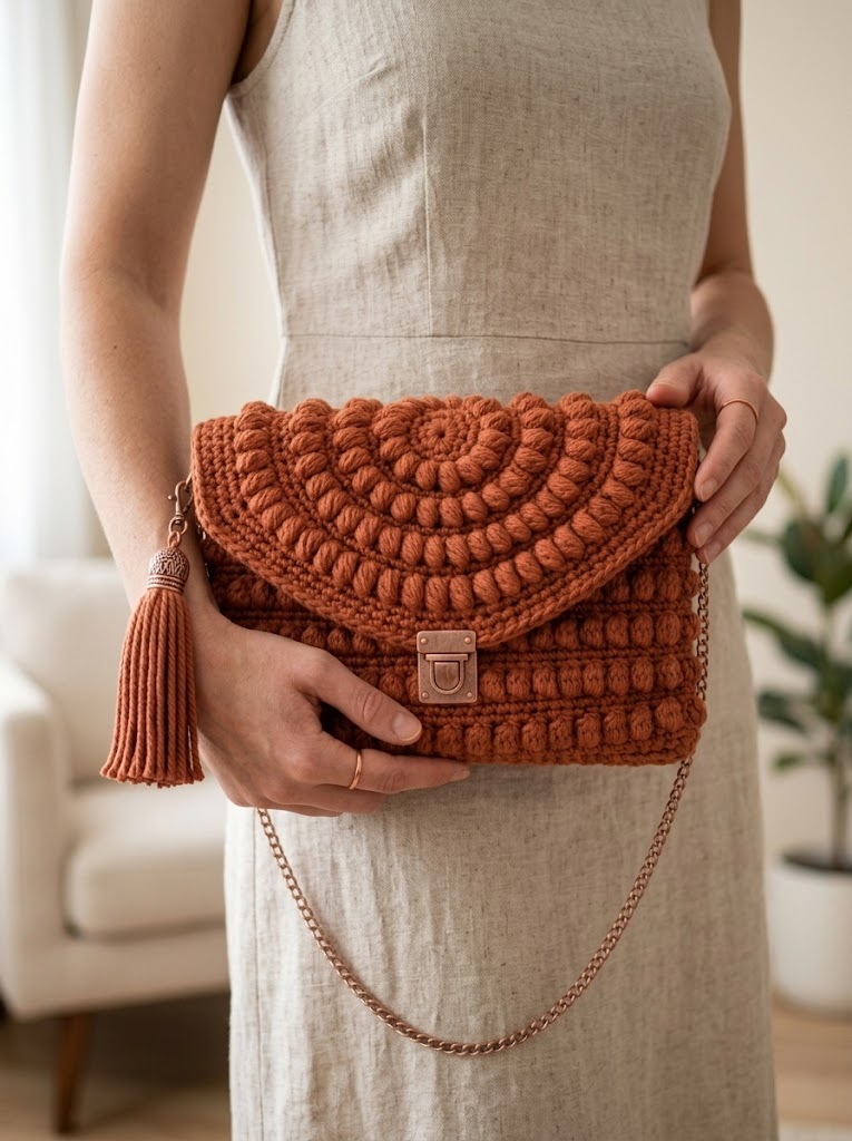 Terracotta Rust Textured Clutch Bag Free Crochet Pattern